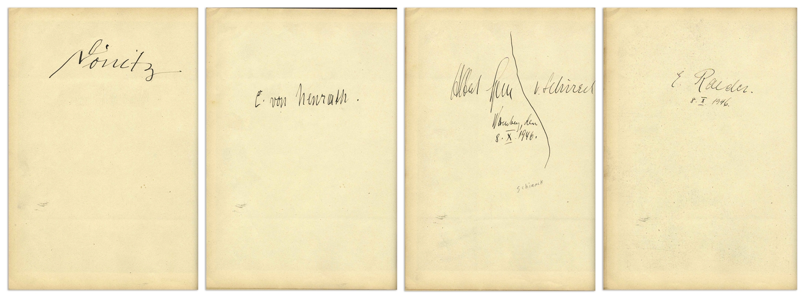 Nuremberg Book Signed by 18 Nazi War Criminals During the WWII Nuremberg Trials -- Includes Signatures by Goring, Donitz, Streicher & Speer, and Also Two ID Cards by U.S. Guard Who Acquired Signatures